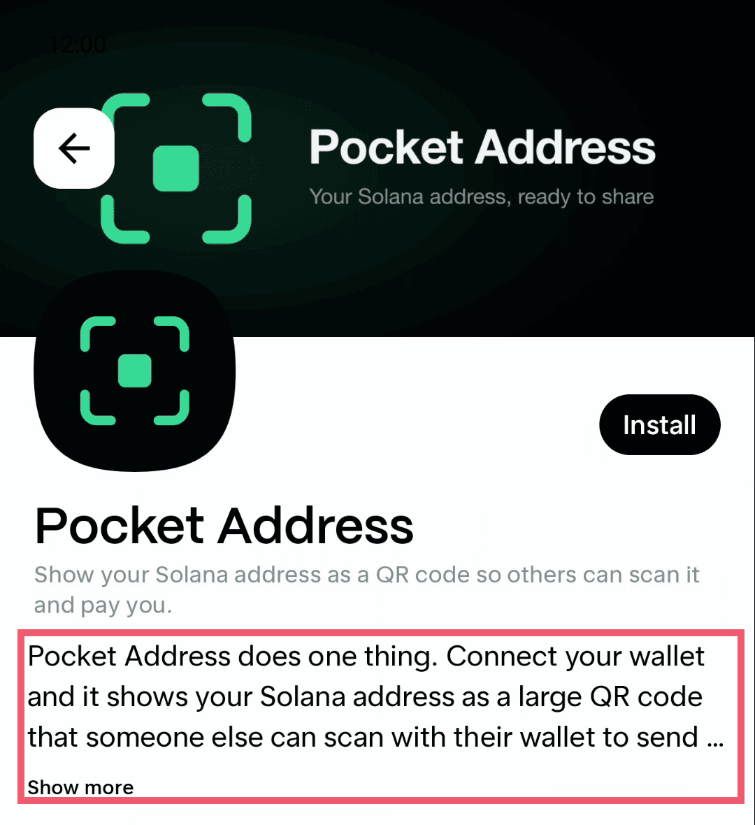 Pocket Address listing with the long description highlighted