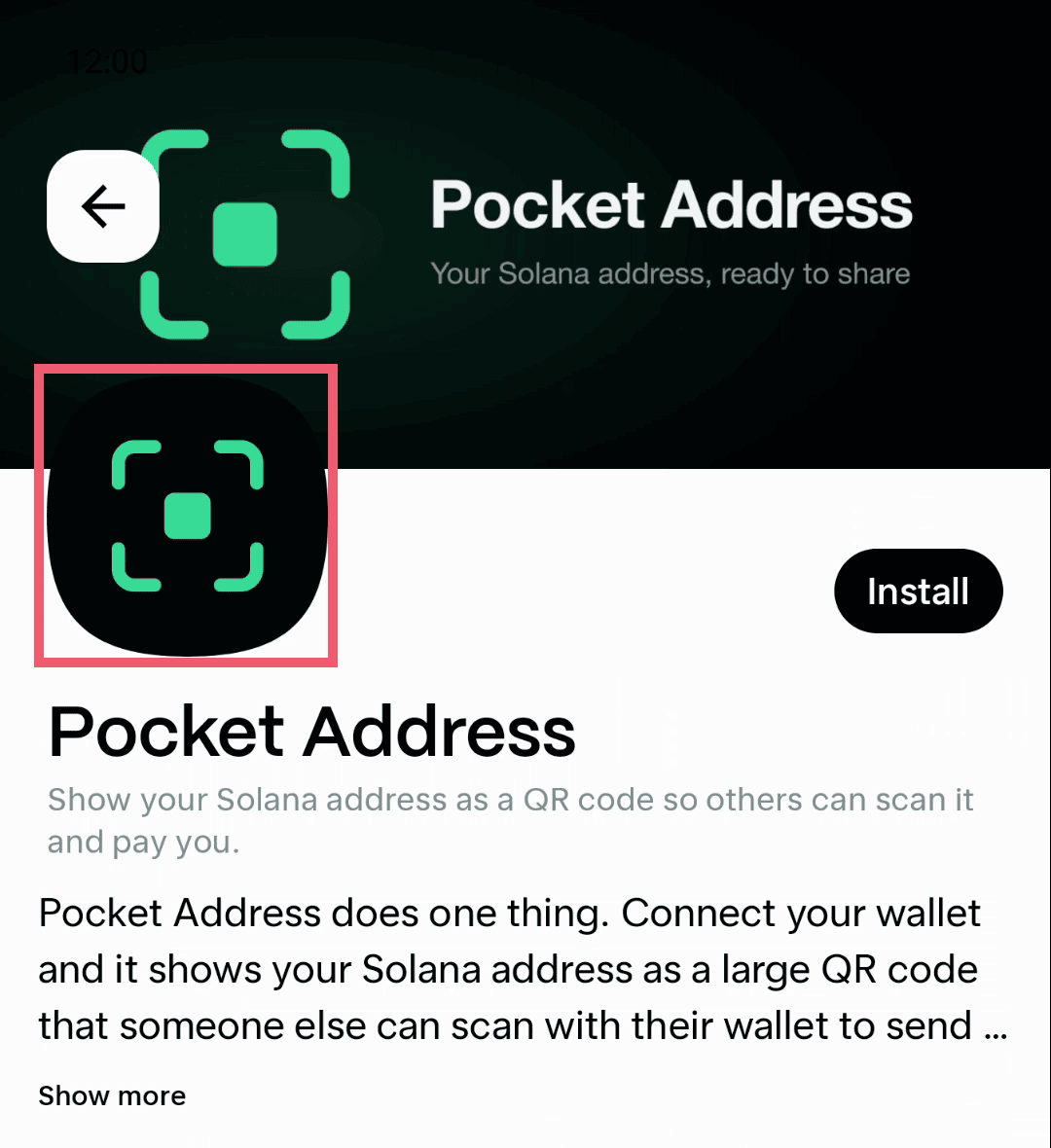 Pocket Address listing with the app icon highlighted