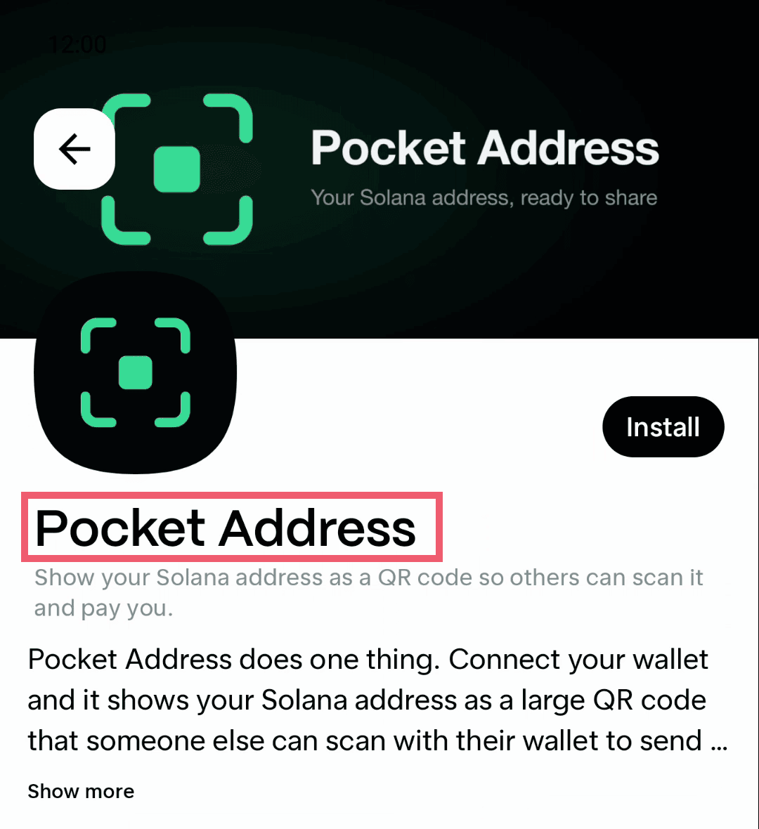 Pocket Address listing with the app name highlighted