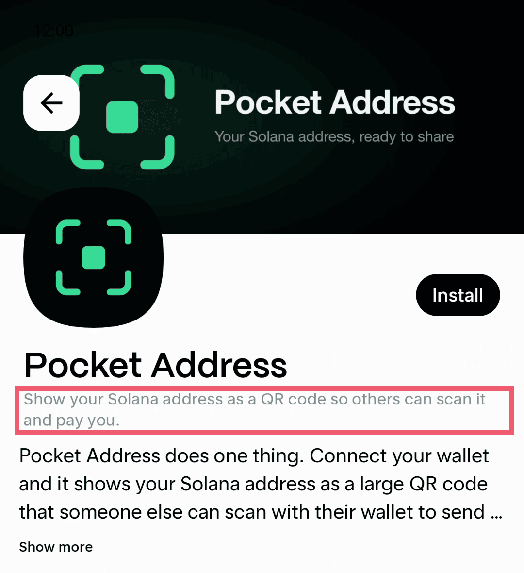 Pocket Address listing with the short description highlighted below the app name