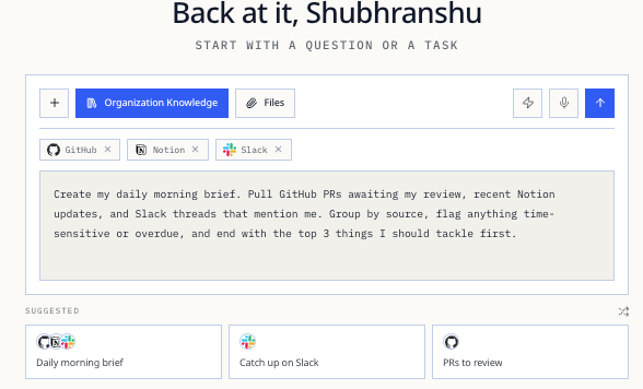 Ask ubik after GitHub, Notion, and Slack are attached