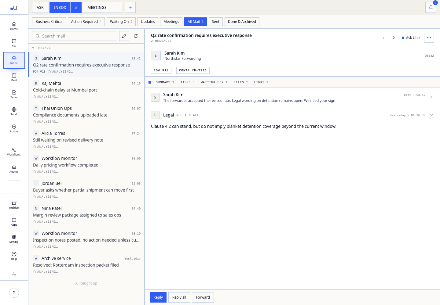 ubik Inbox showing a rate-confirmation thread, source messages, context tabs, and reply actions