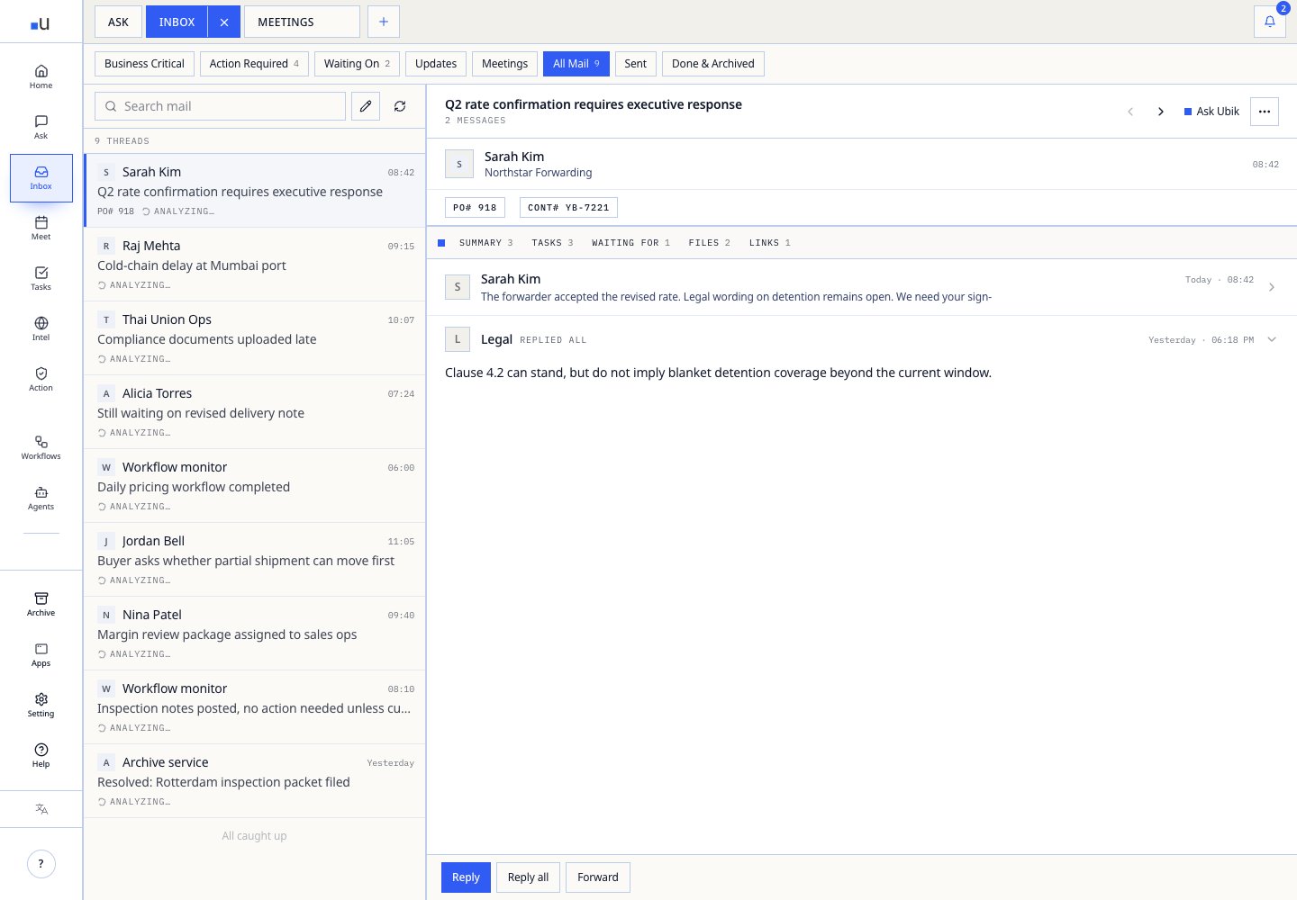 ubik Inbox showing a rate-confirmation thread, source messages, context tabs, and reply actions