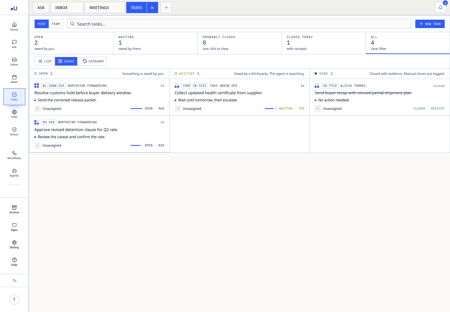 ubik Tasks with open, waiting, and completed obligations