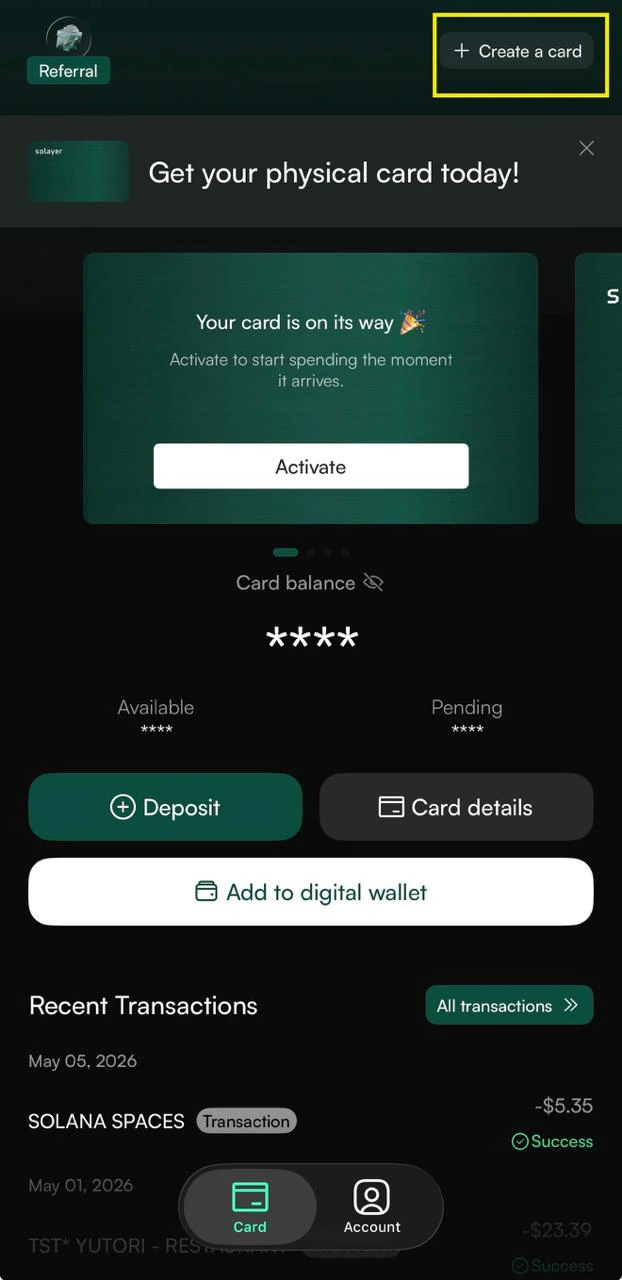 Solayer Pay Dashboard - Create a card
