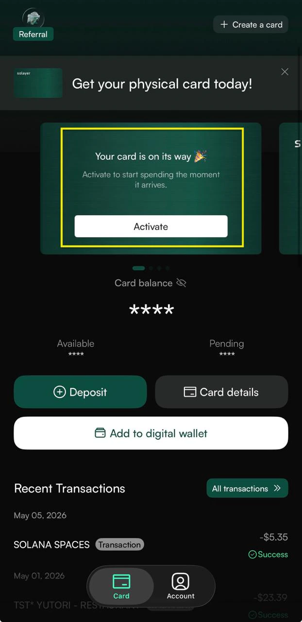 Solayer Pay - Activate Physical Card screen