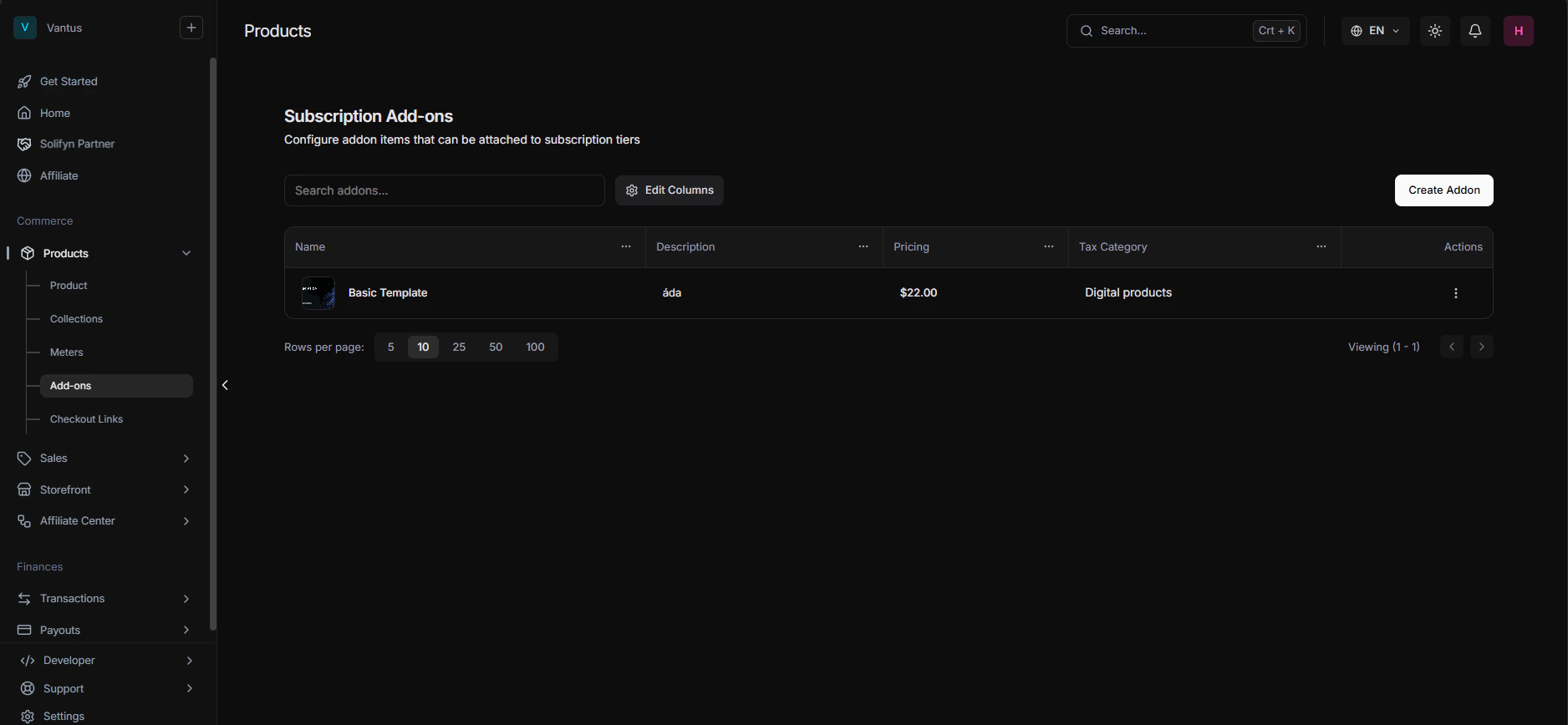 Product Addons Management in Dark Mode