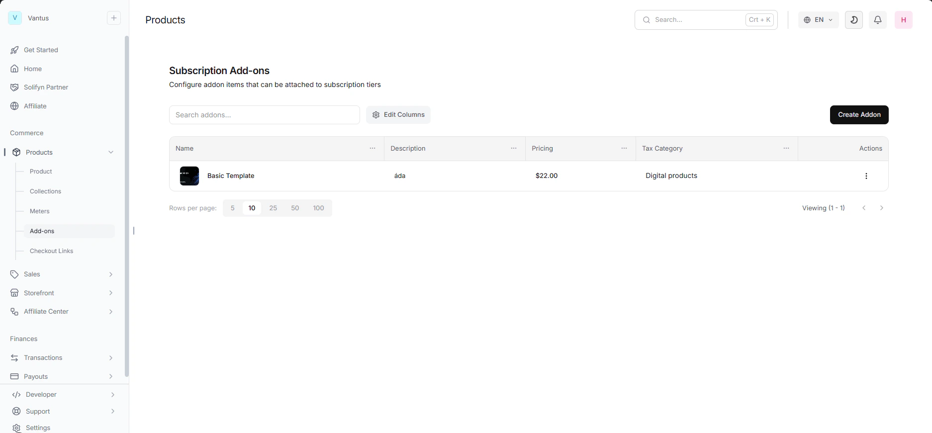 Product Addons Management