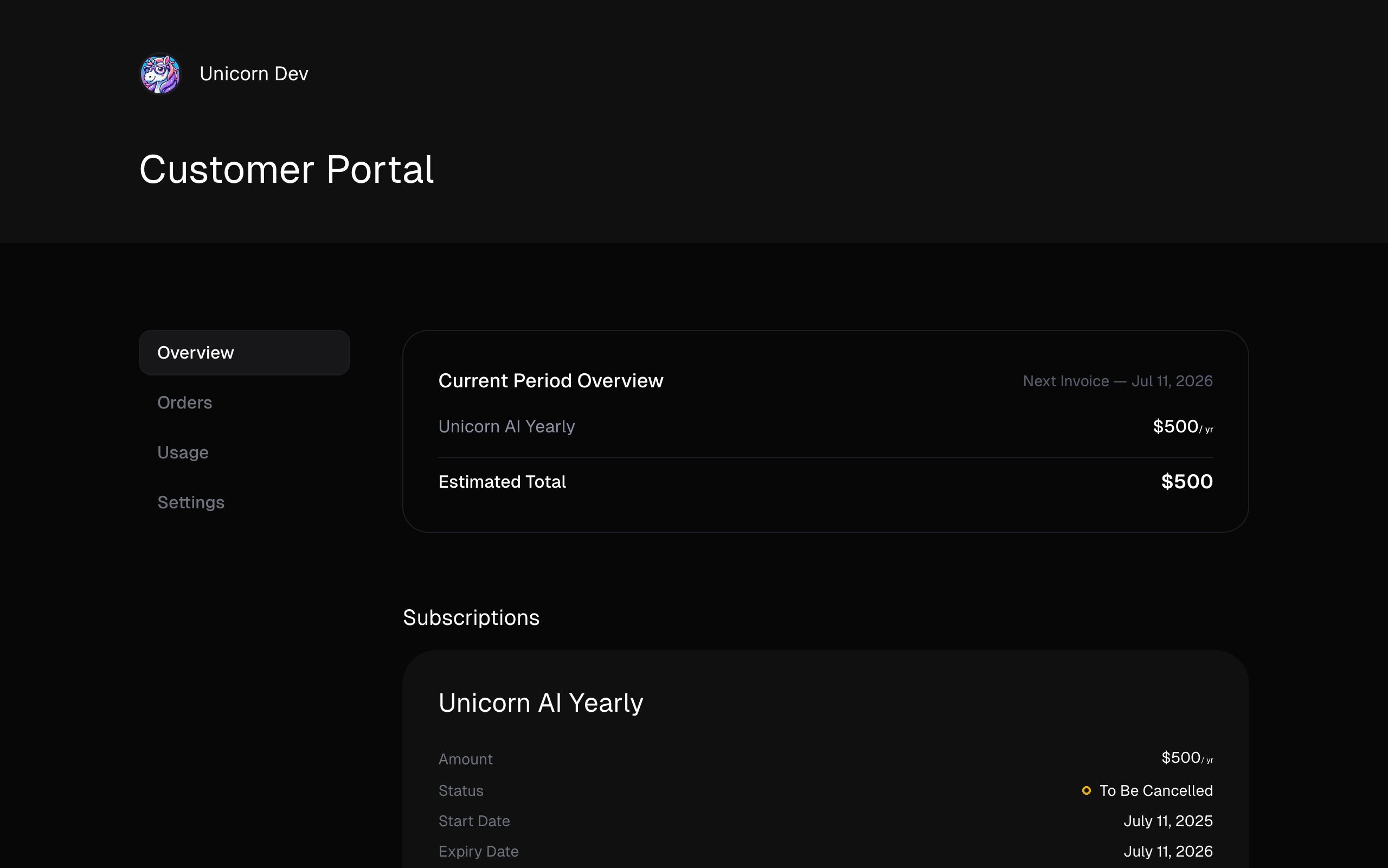 Customer Portal Overview in Dark Mode