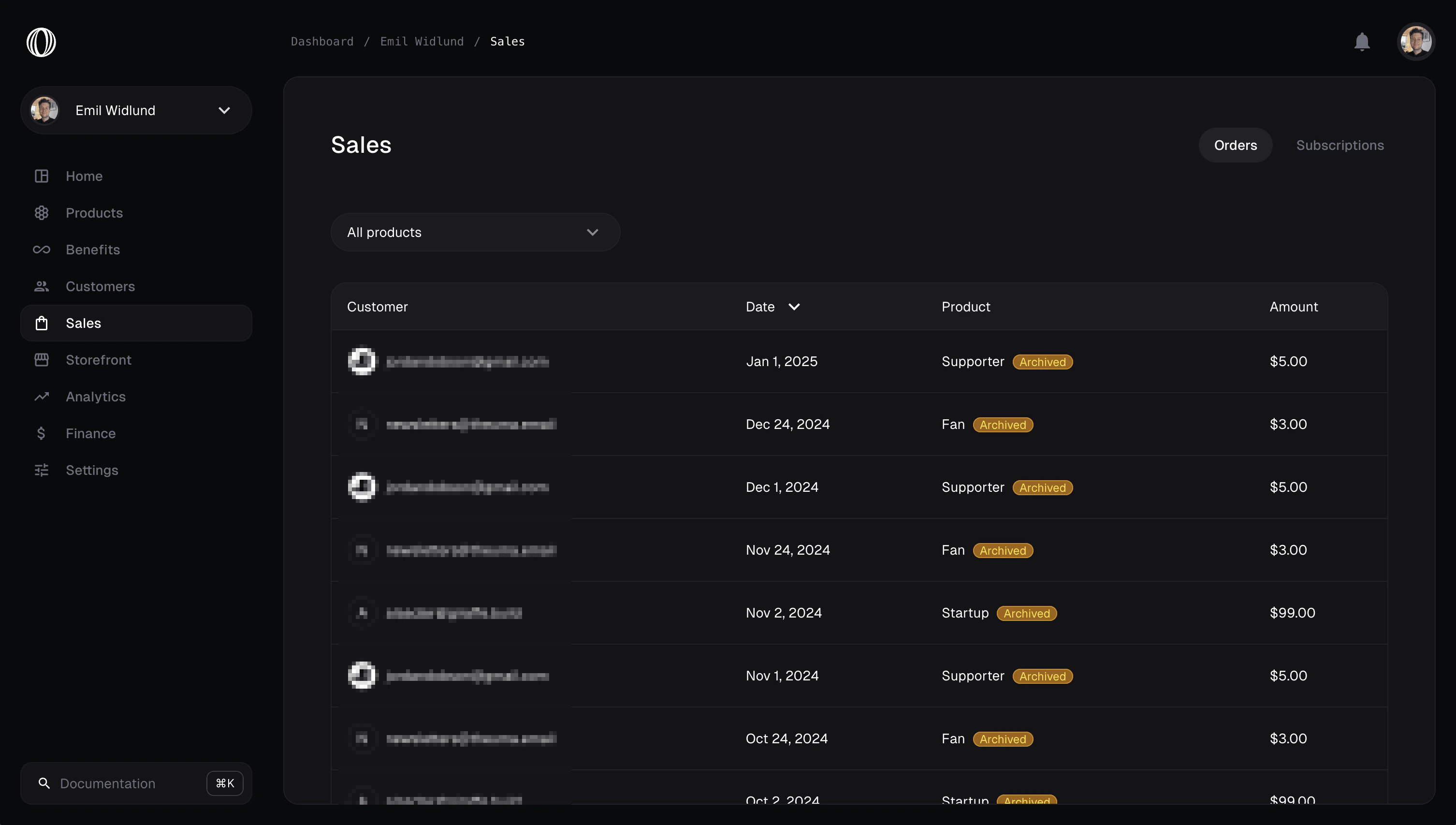 Sales orders list in dark mode