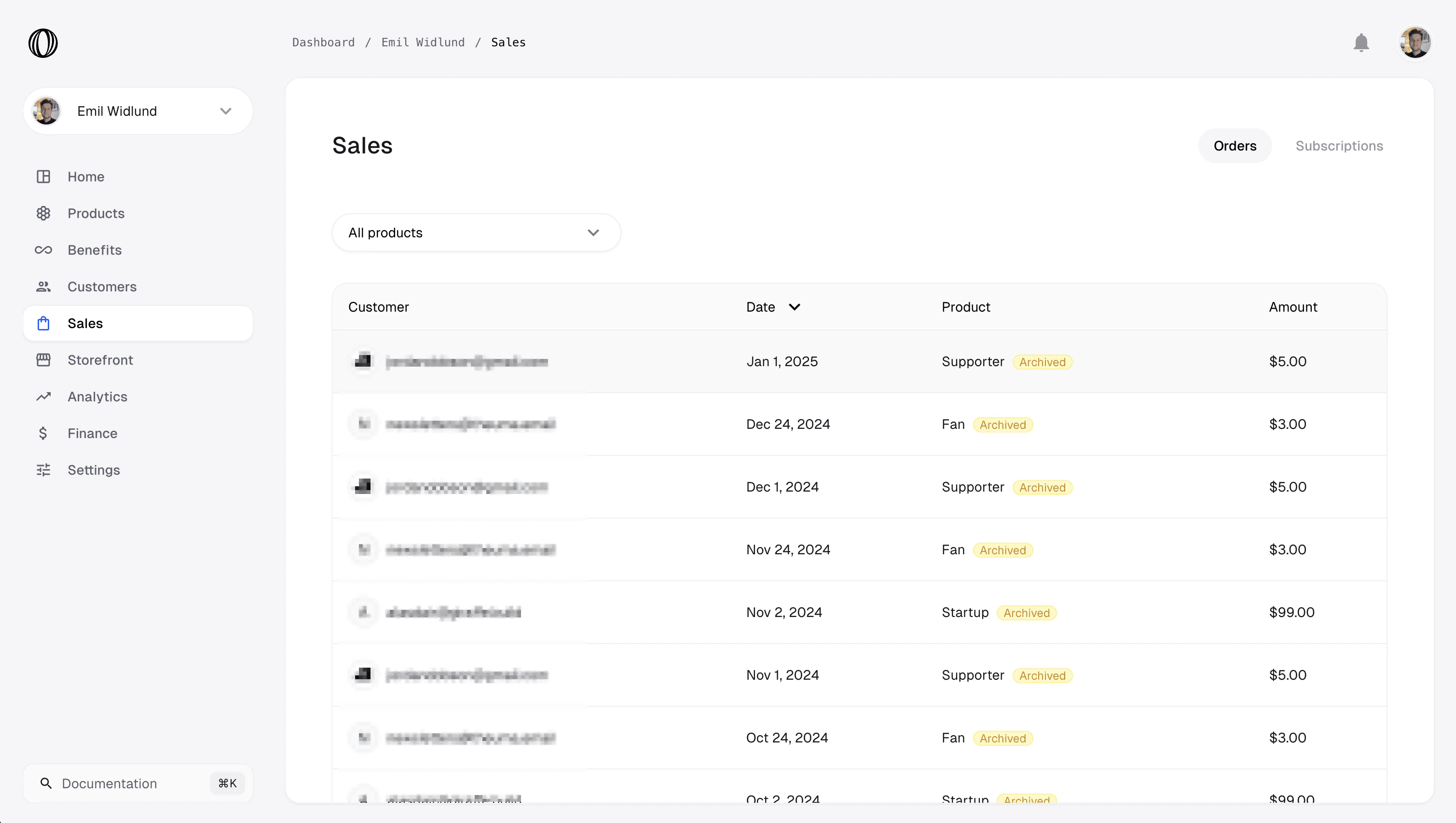 Sales orders list
