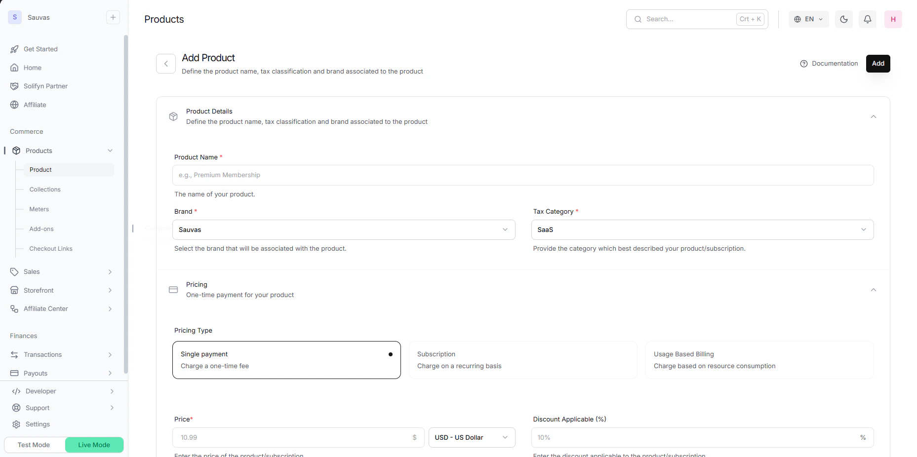 Creating a product on Solifyn