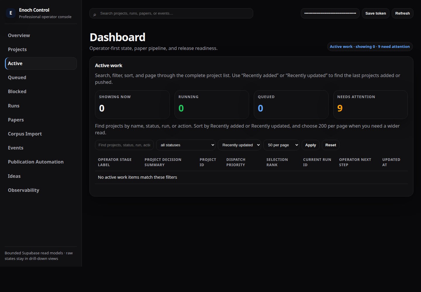 Current active queue tab showing bounded active-work rows