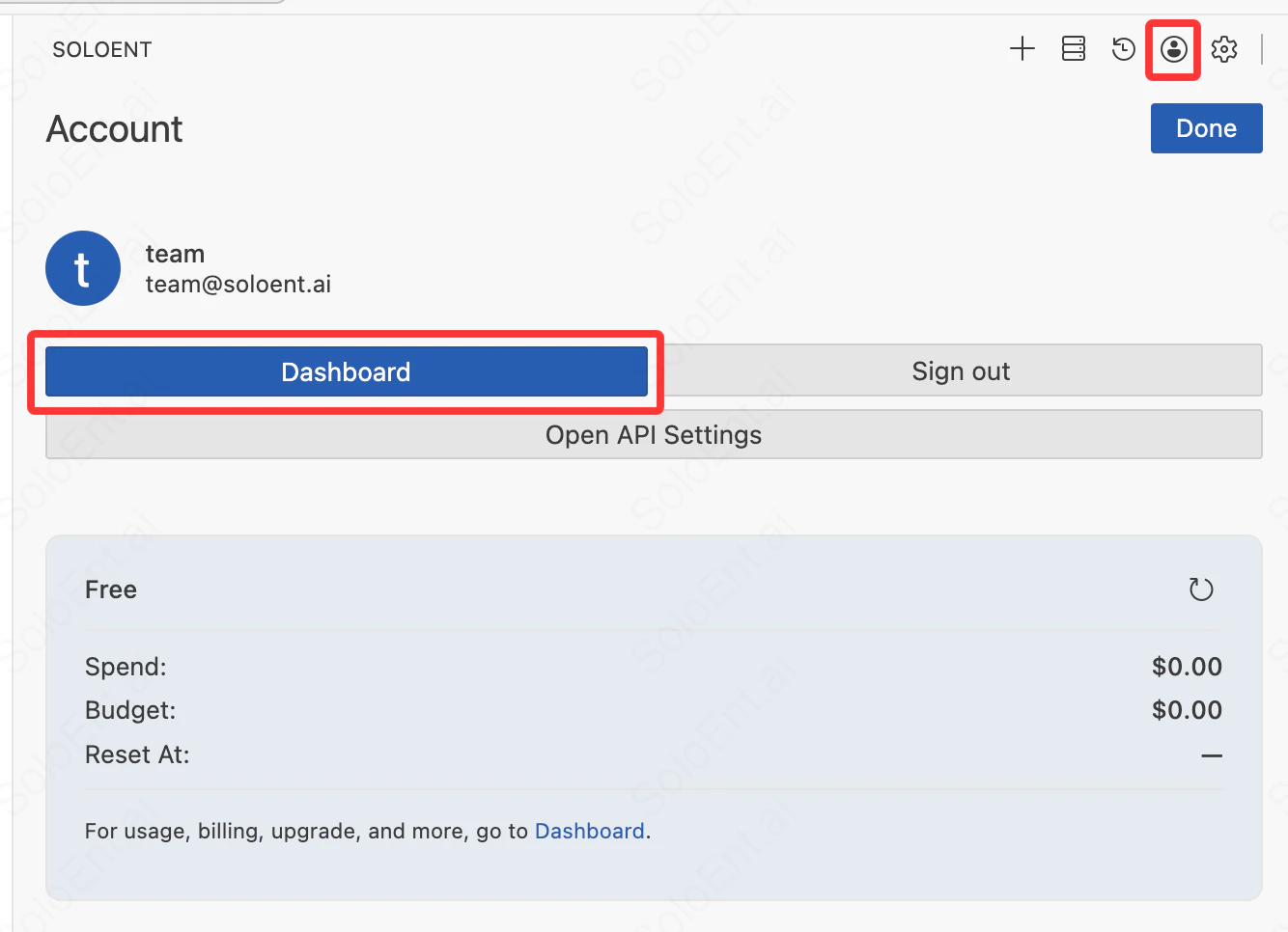 Account avatar menu with Dashboard to open the console