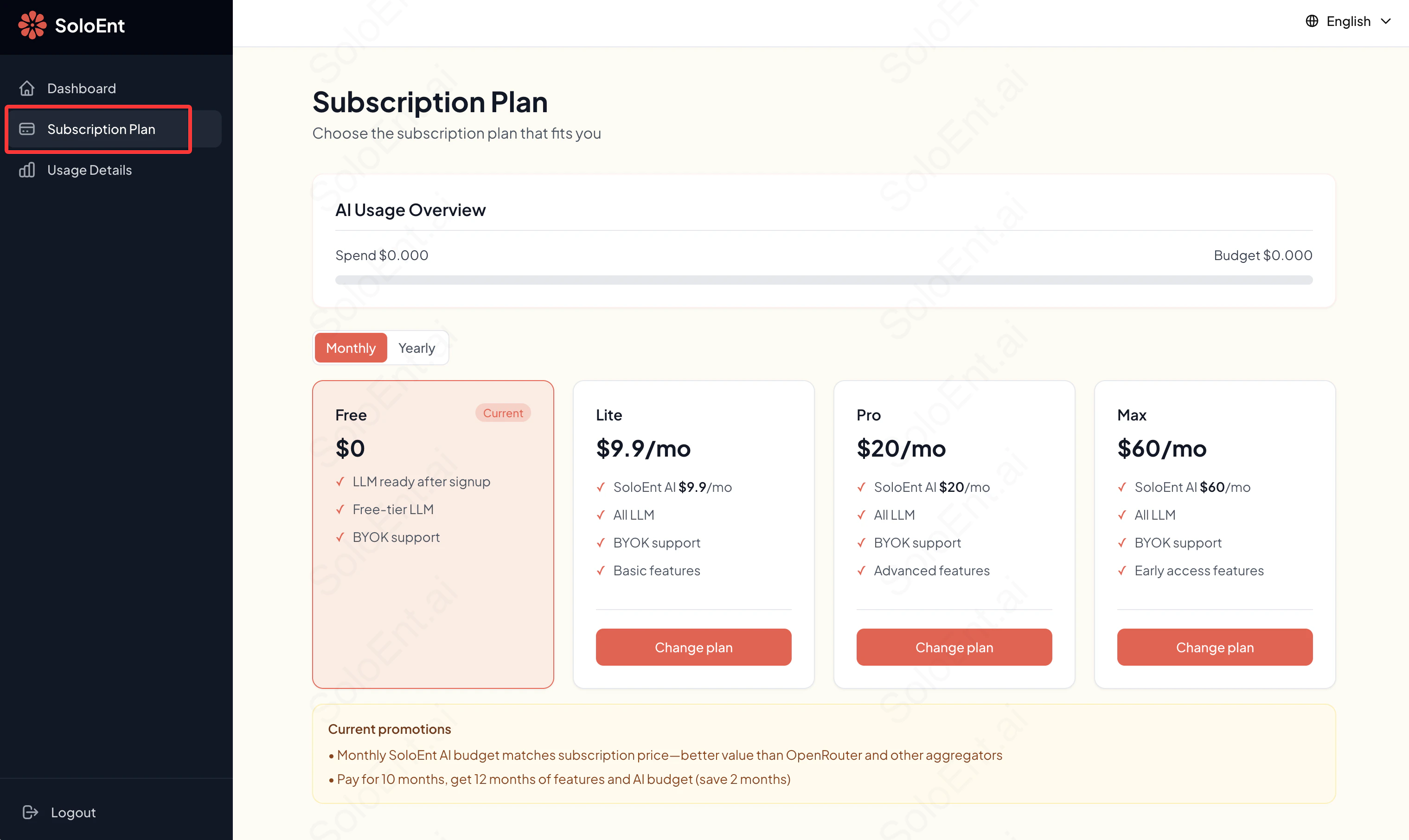 Subscription Plan tab in the dashboard to choose plan and billing cycle
