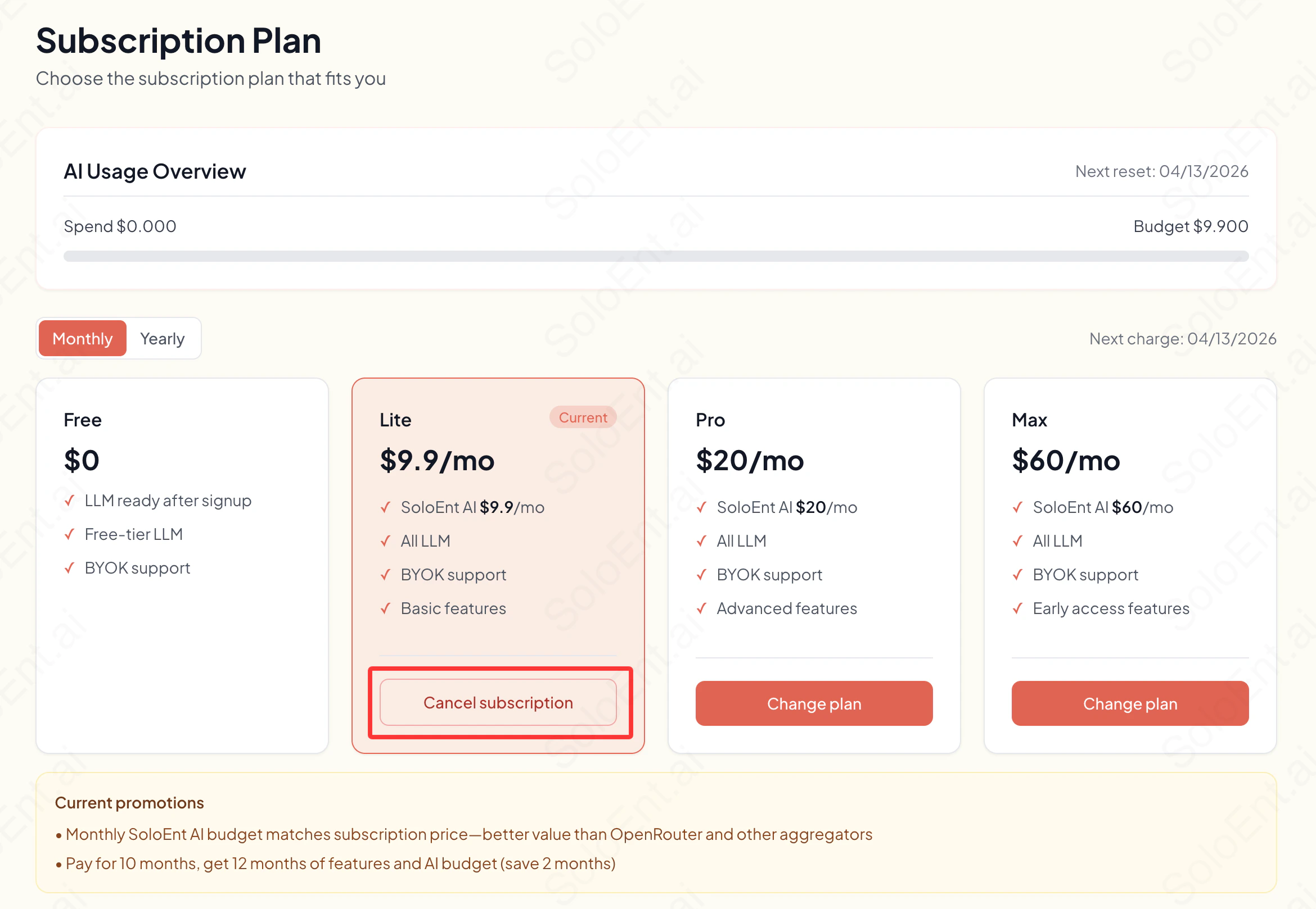 Web dashboard showing Cancel subscription for the active plan