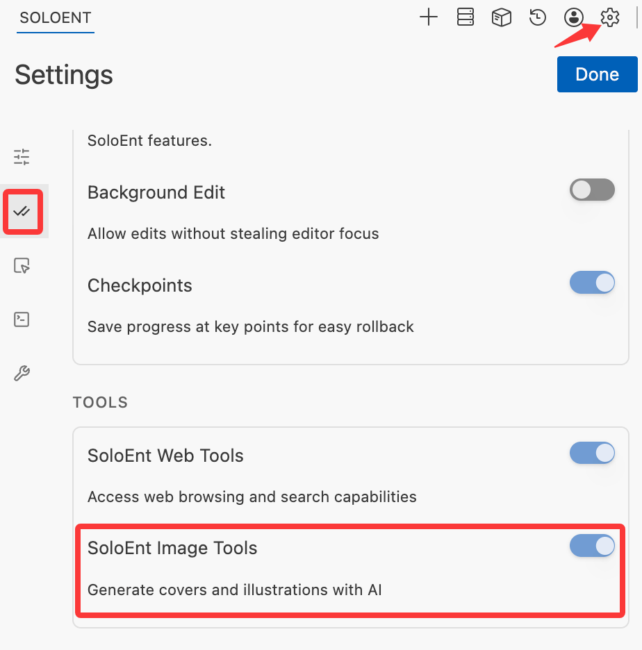 The SoloEnt Image Tools toggle in the TOOLS section of Settings, described as generating covers and illustrations with AI