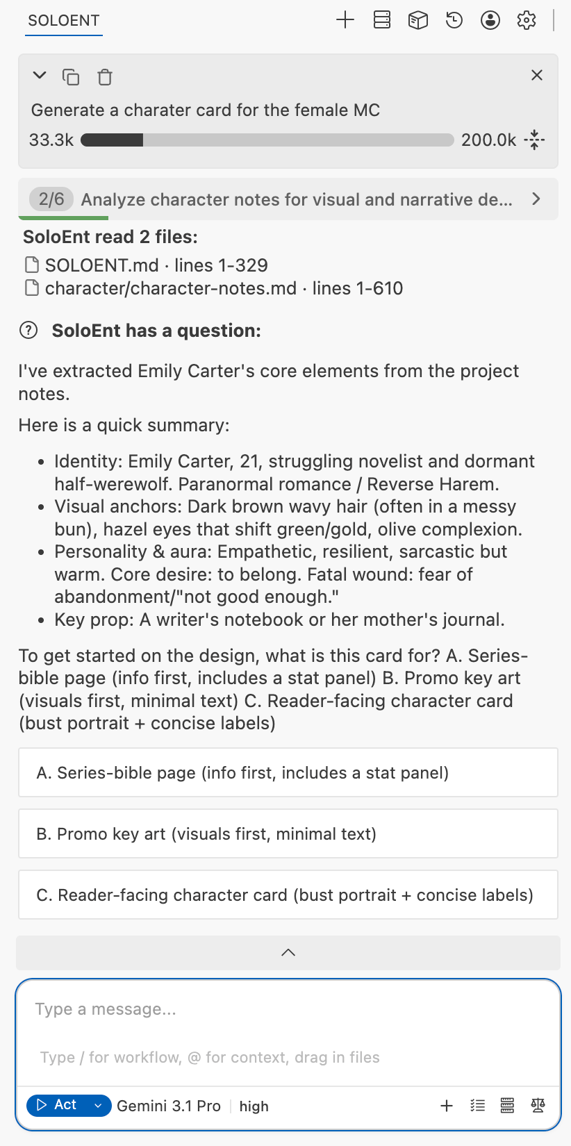Asking the Agent in the chat window to generate a character card for the female lead