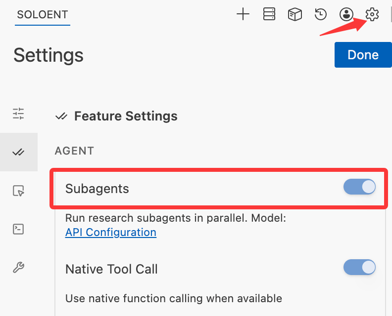 The subagent toggle in Agent feature settings, described as letting SoloEnt run read-only research subagents in parallel to gather evidence from your writing project