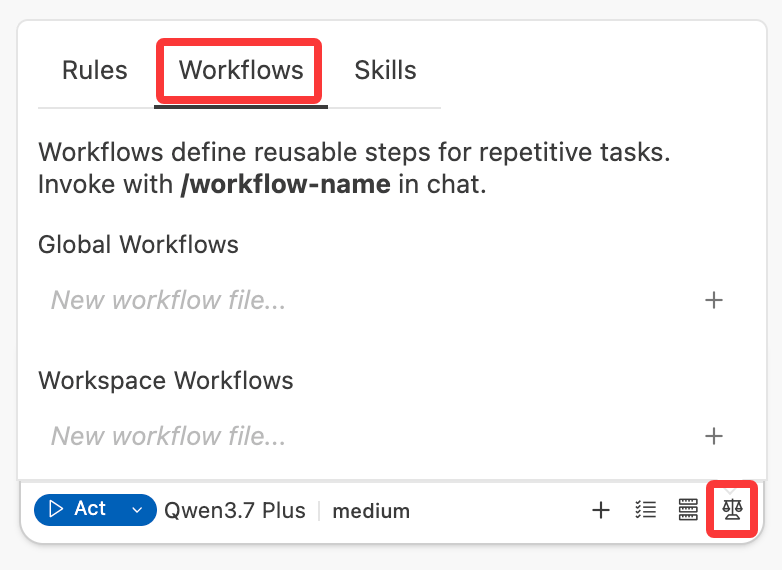 Workflows 面板,显示全局工作流列表(bookcover.md、chapteroutline.md、outline.md)及各自的开关、编辑和删除控件
