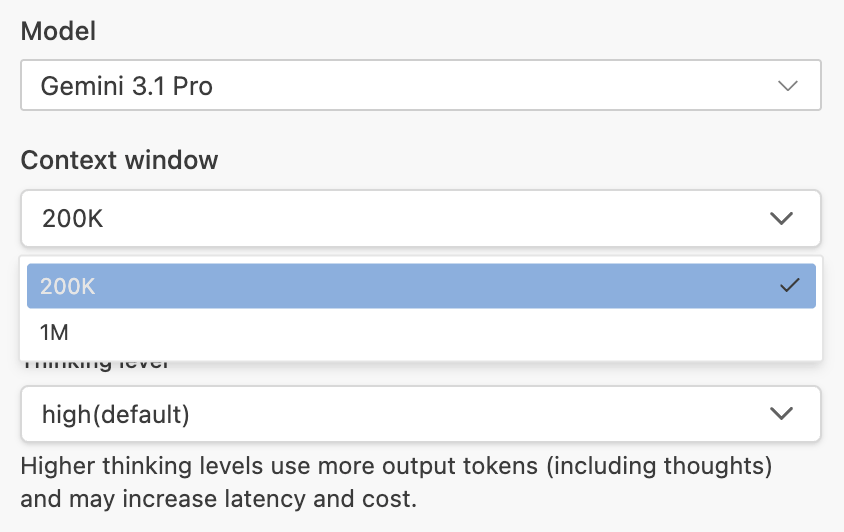 The Context window dropdown in model settings, letting you choose between the 300K and 1M tiers