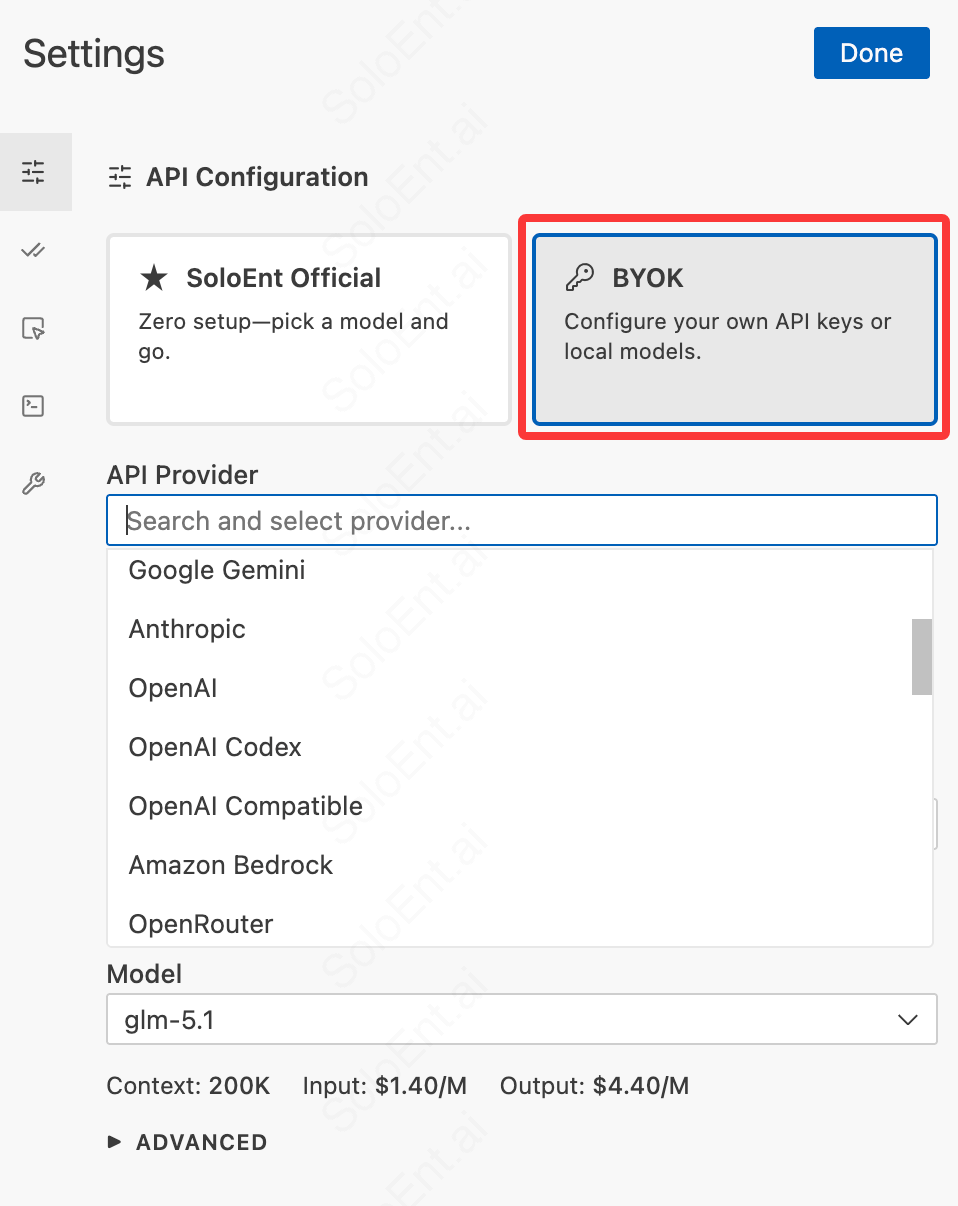 API 设置中选择 BYOK，并在 API Provider 下拉列表中选择服务商