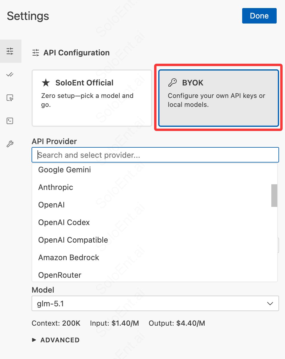 API 设置中选择 BYOK,并在 API Provider 下拉列表中选择服务商