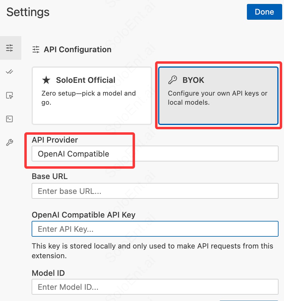 API Configuration 面板中展开 API Provider 下拉列表,红框标注 OpenAI Compatible 选项