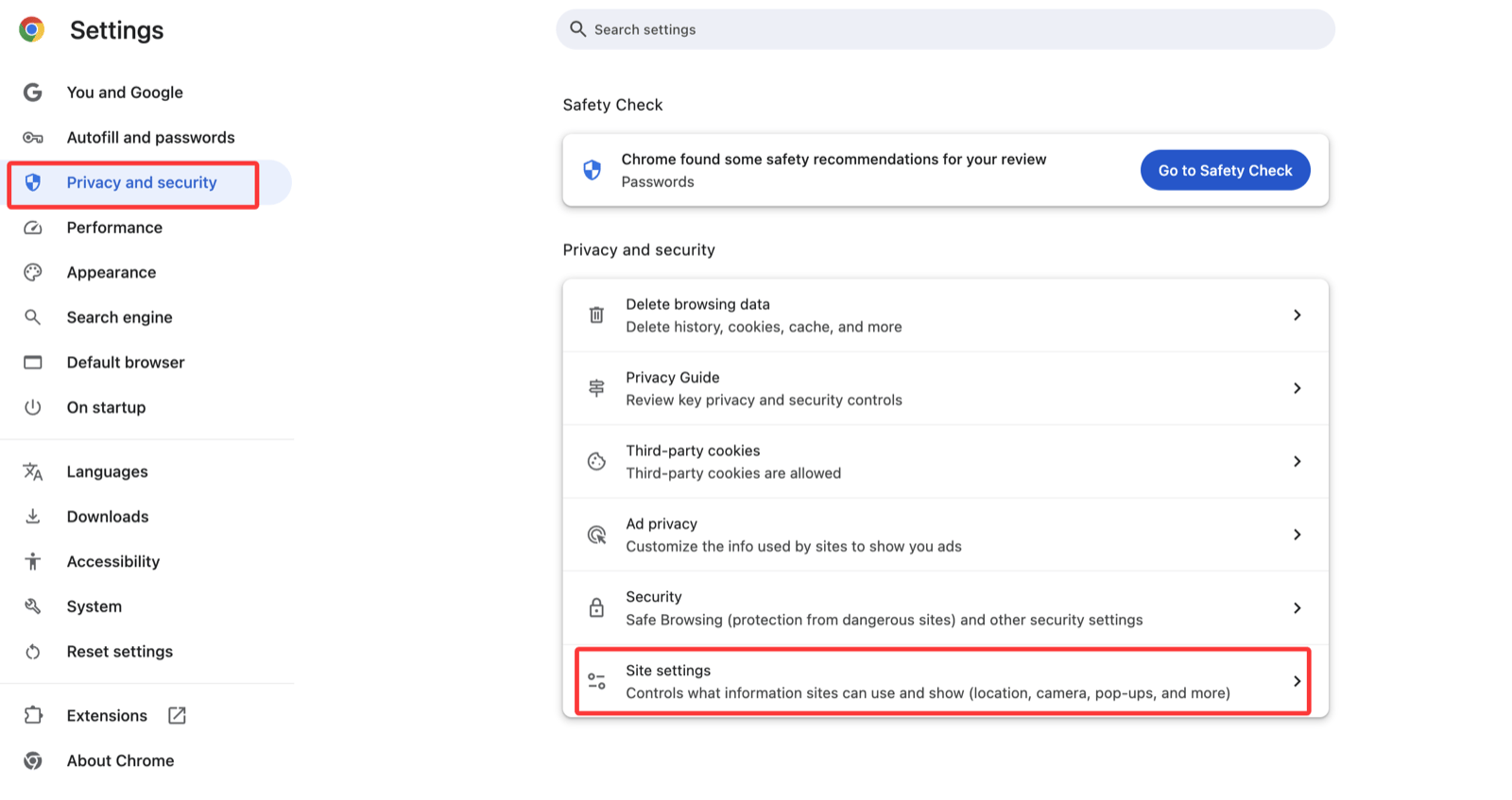 Chrome 设置:隐私和安全及网站设置入口示意