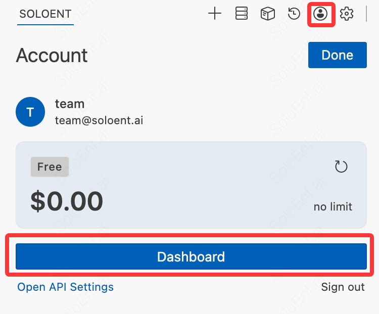 通过账号头像菜单选择 Dashboard 进入控制台