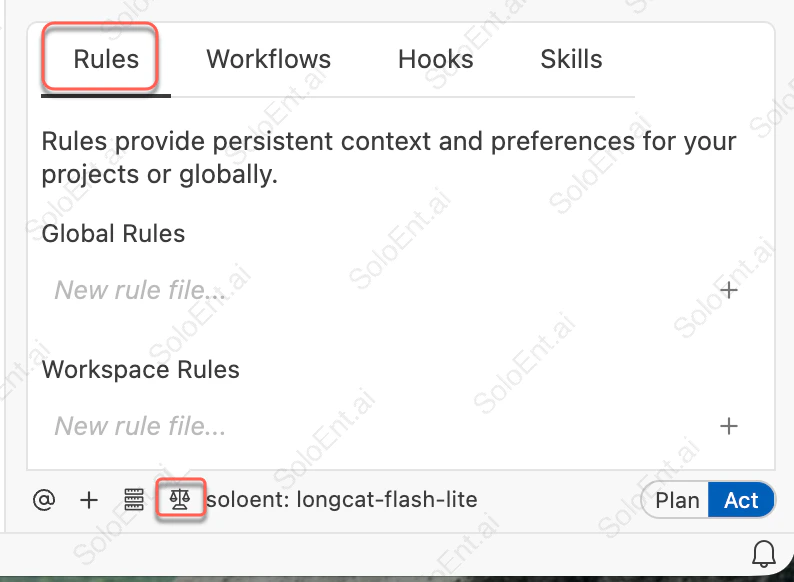 Rules panel showing Global Rules and Workspace Rules sections with a new rule file input and toggle controls