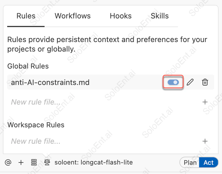 Rules panel showing an active rule file with the toggle switch highlighted
