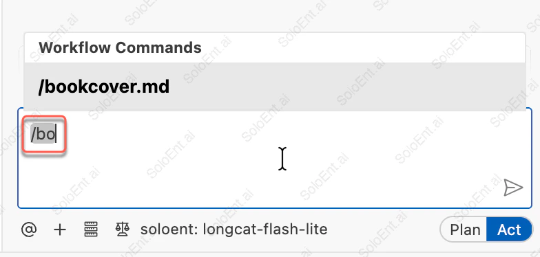 Typing /bo in the chat input, with autocomplete showing the matching bookcover.md workflow