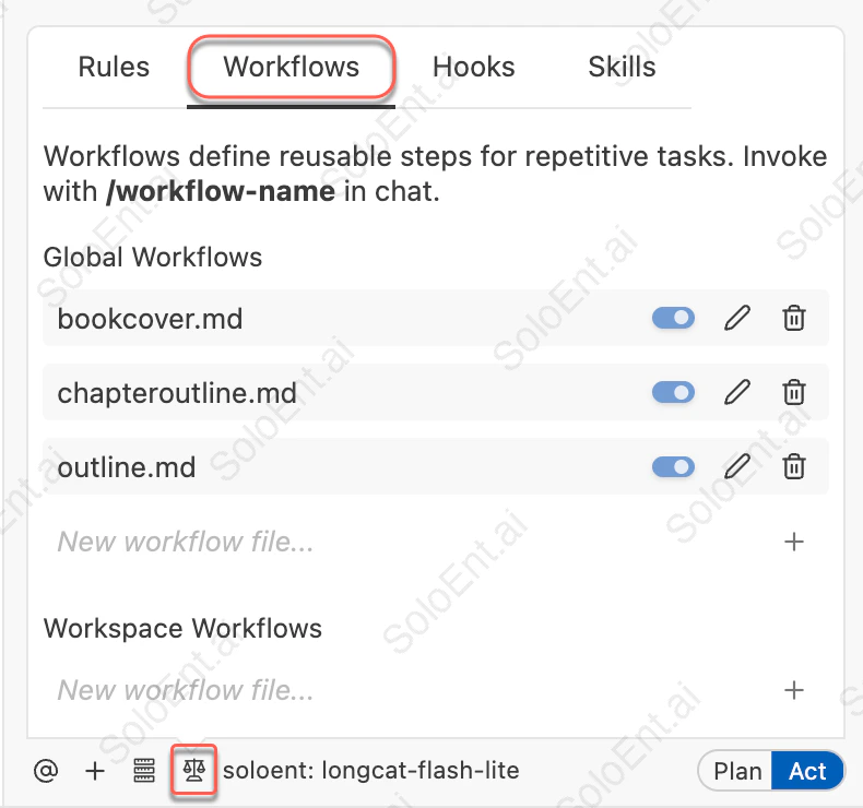 Workflows panel showing a list of global workflows (bookcover.md, chapteroutline.md, outline.md) with toggle, edit, and delete controls for each