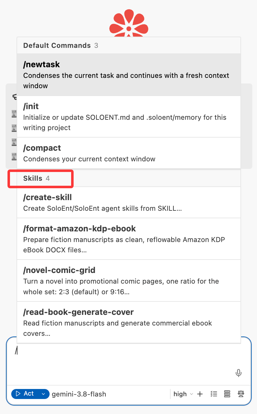 La lista que se abre al escribir una barra en el cuadro de chat: tres comandos por defecto y las skills instaladas