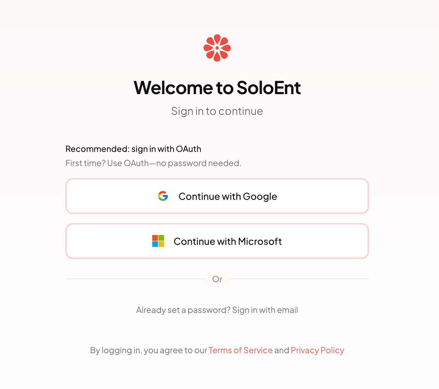Página de inicio de sesión de SoloEnt con Continue with Google, Continue with Microsoft y el enlace Sign in with email