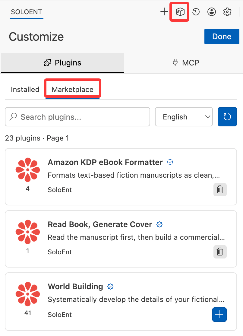 La subpestaña Marketplace dentro de Plugins en Customize: barra de búsqueda, filtro de idioma y lista de plugins