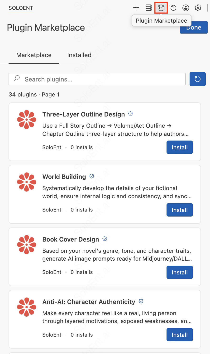 Plugin Marketplace panel showing the Marketplace and Installed tabs, with a list of official plugins including Pacing Control, Work Analysis, and Character Design