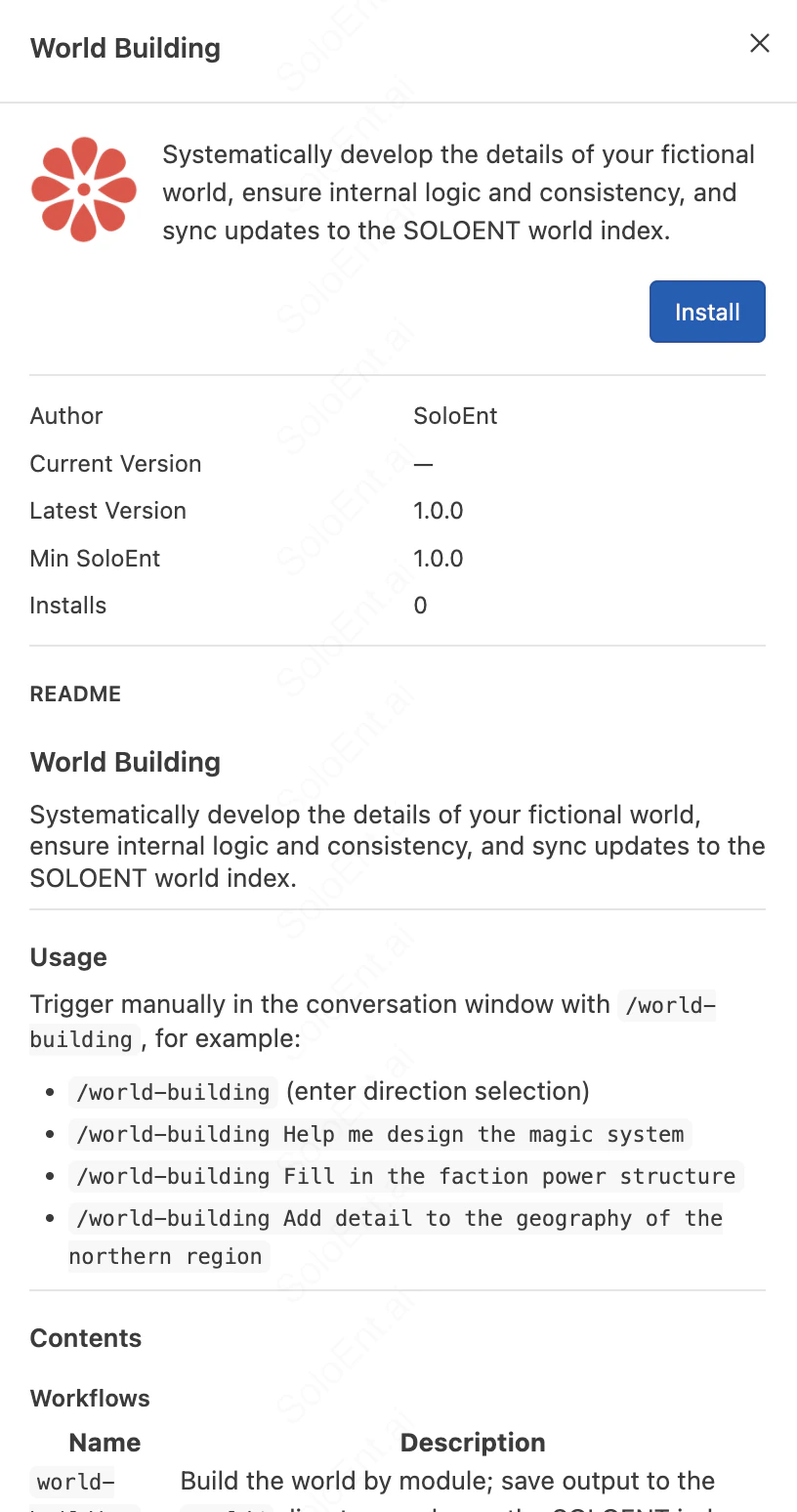 Plugin detail page showing the World Building plugin's description, Install button, author, version, install count, and README with usage instructions and included Workflows