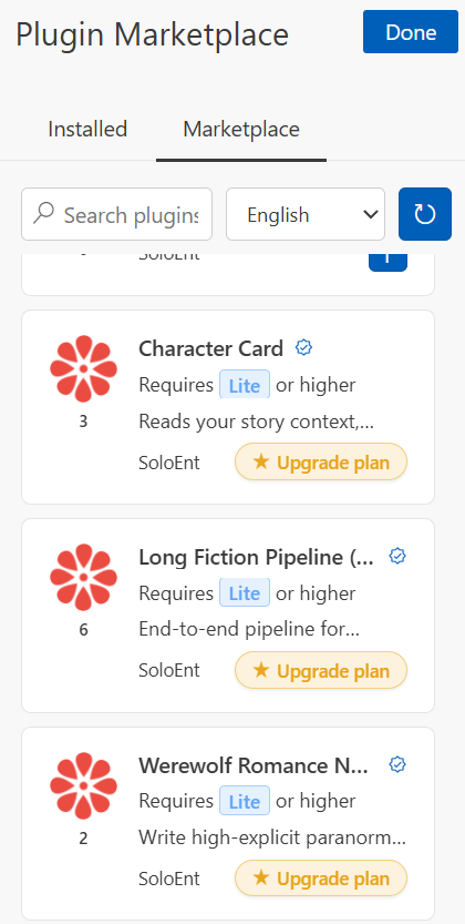 Página del Marketplace de plugins con el icono del cubo como acceso, las pestañas Marketplace e Installed y la barra de búsqueda
