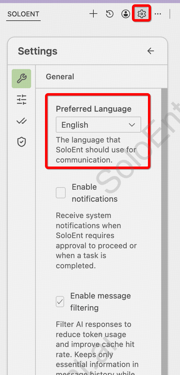 SoloEnt Agent settings showing Preferred Language option