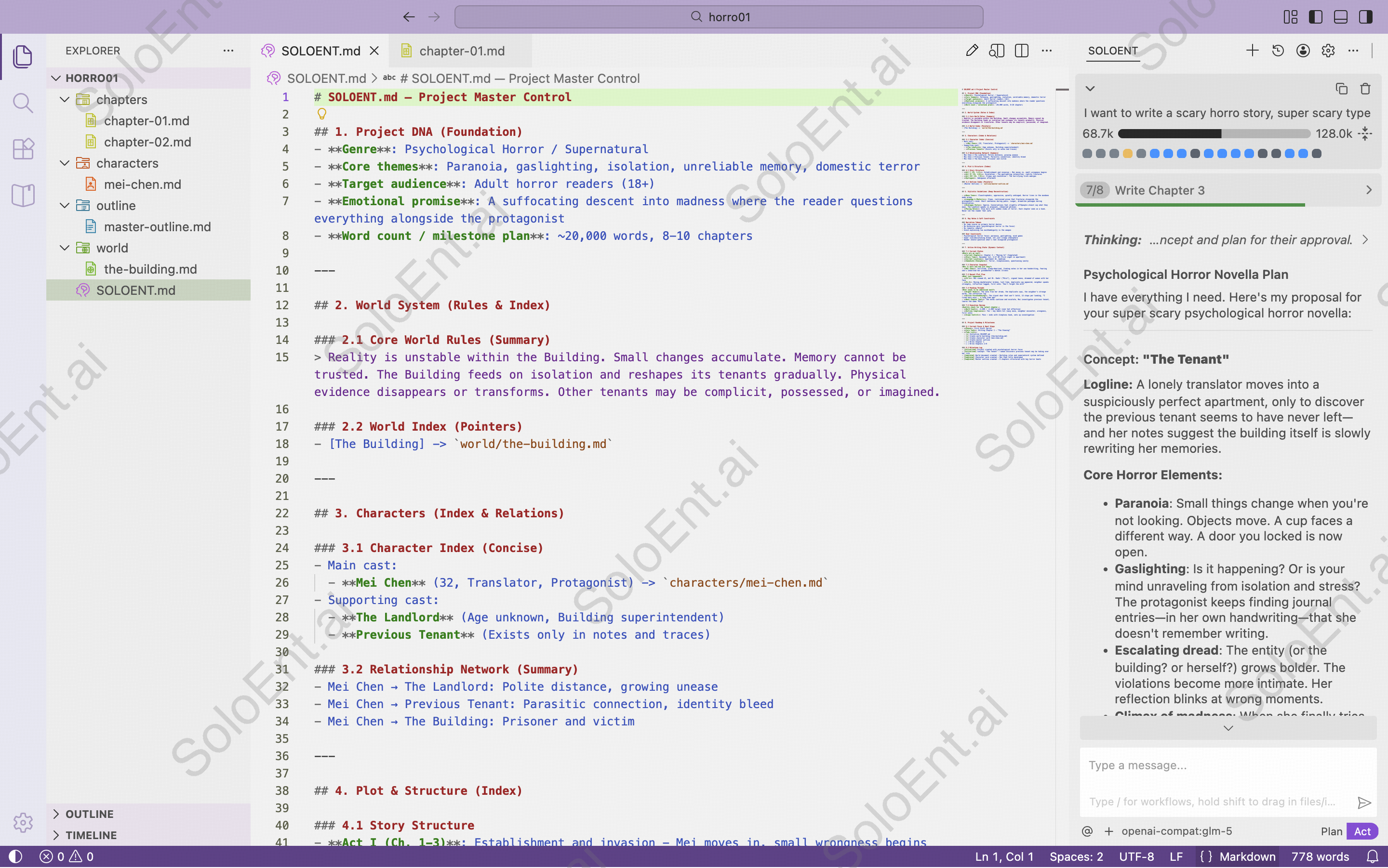 SoloEnt three-panel interface showing file manager on left, editor in center with chapter content, and Agent chat on right