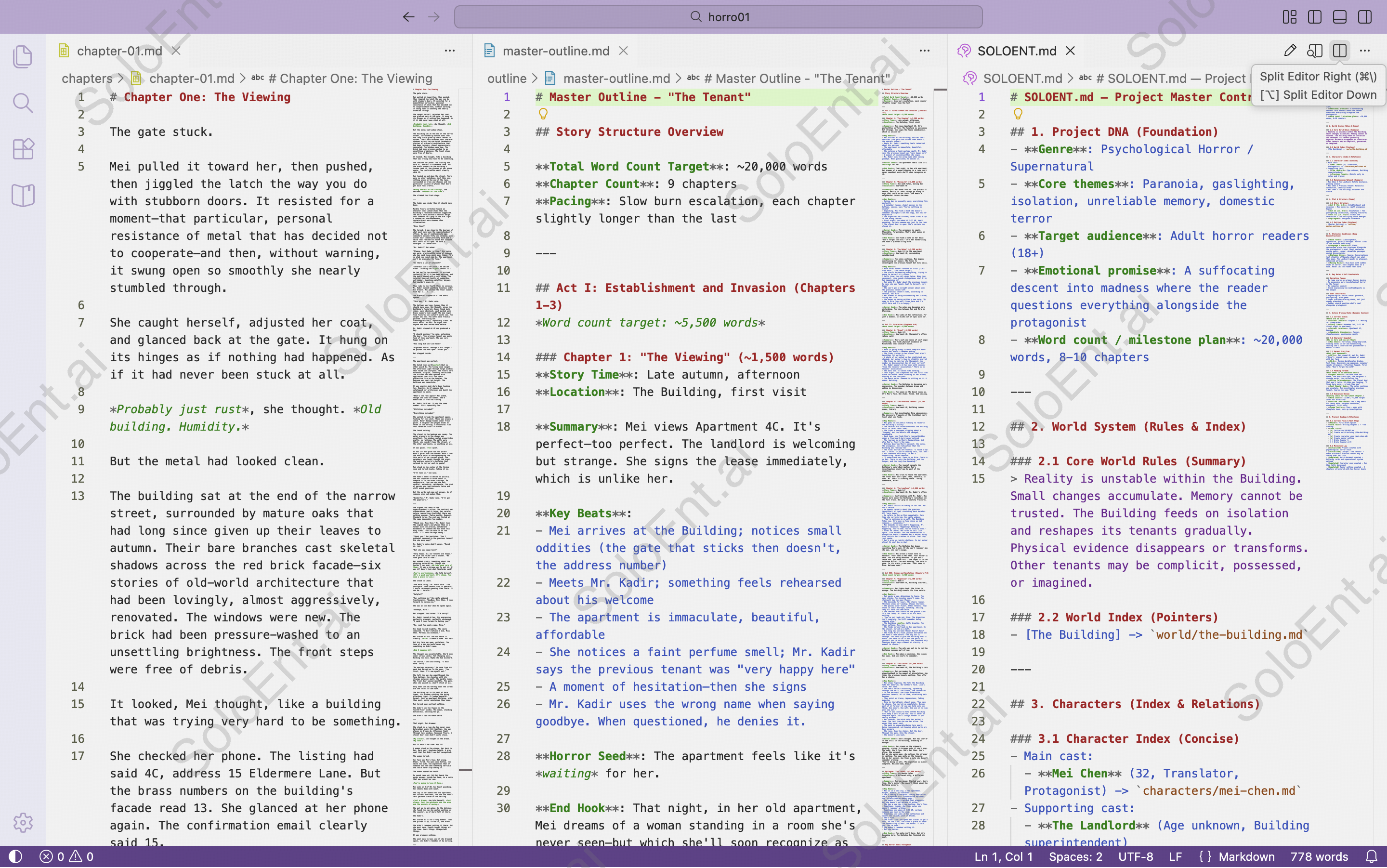 Split view editor showing multiple panes
