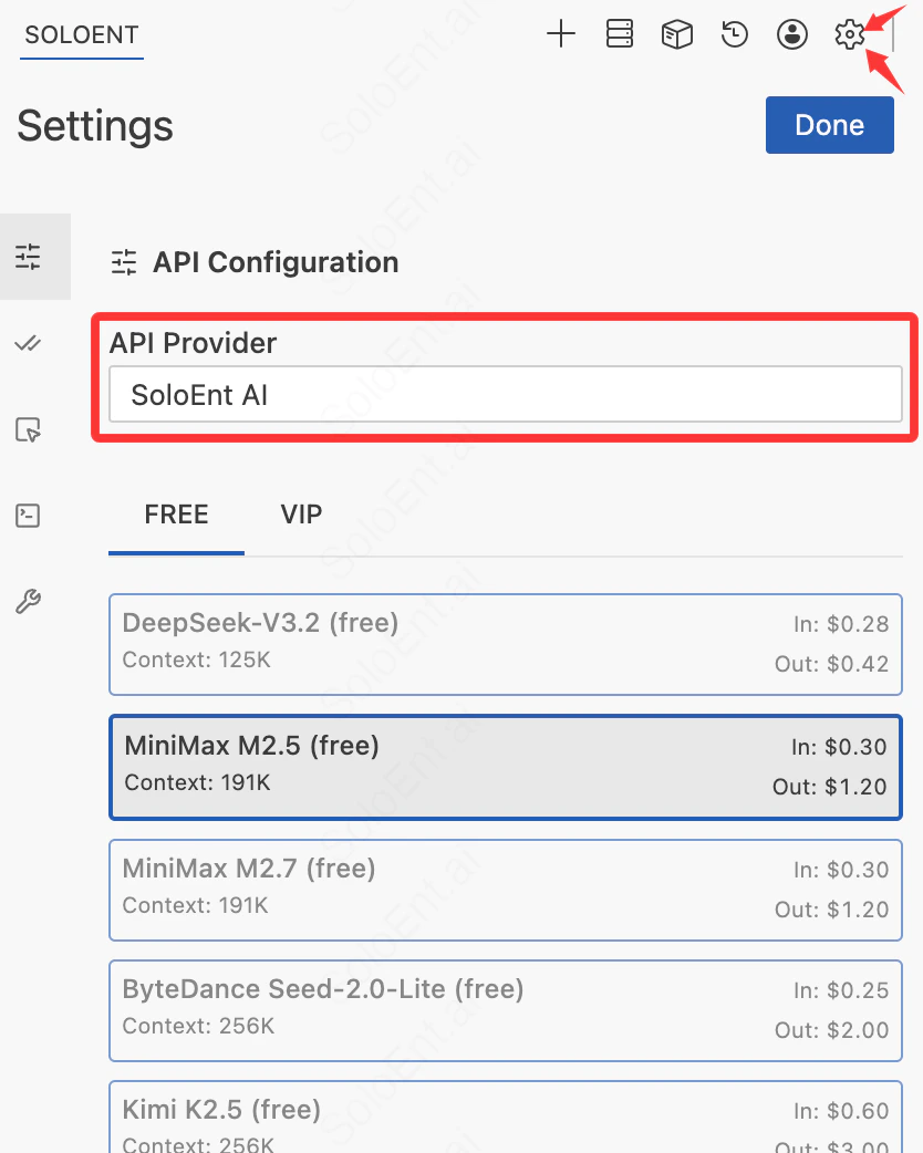 API configuration via settings panel