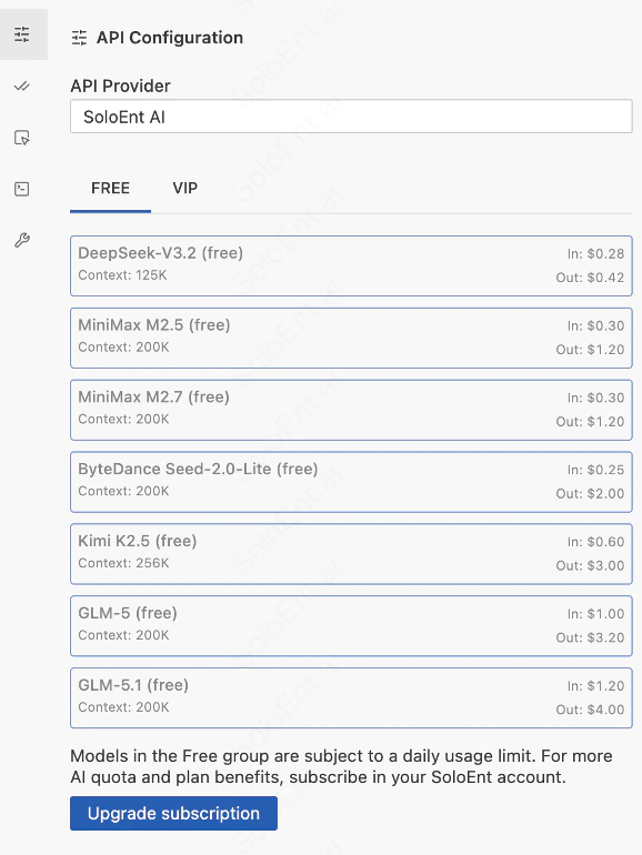 Settings panel showing SoloEnt AI as the API provider with Free tab listing available free models
