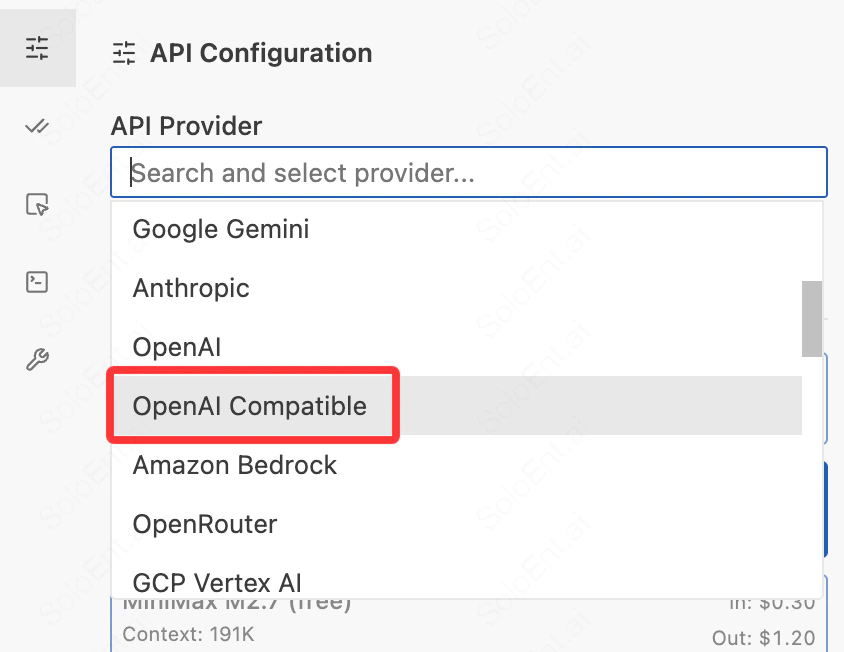 API Provider dropdown with OpenAI Compatible for third-party setup