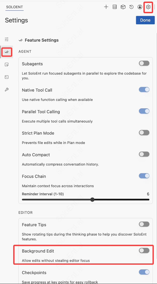 Feature Settings: Background Edit under the Editor section