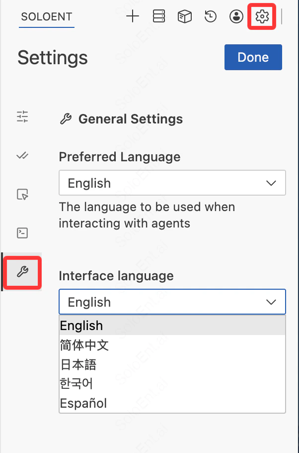 SoloEnt Agent settings panel showing Preferred Language and Interface Language options