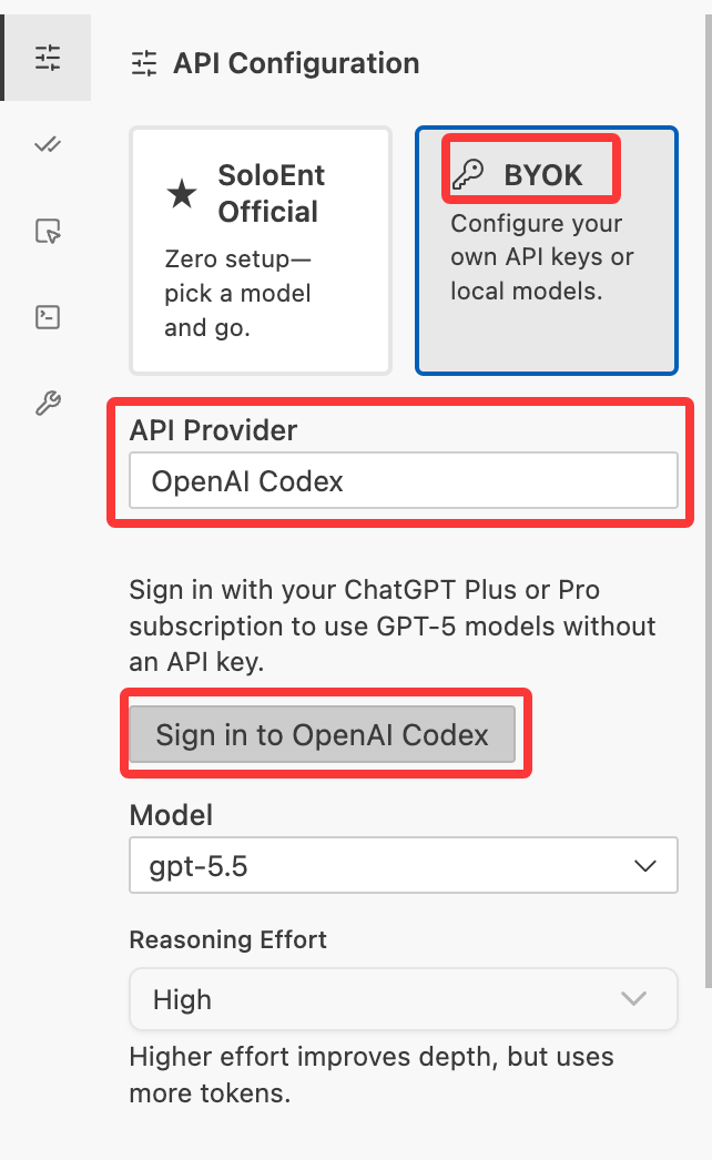 BYOK 下选择 OpenAI Codex,显示登录按钮