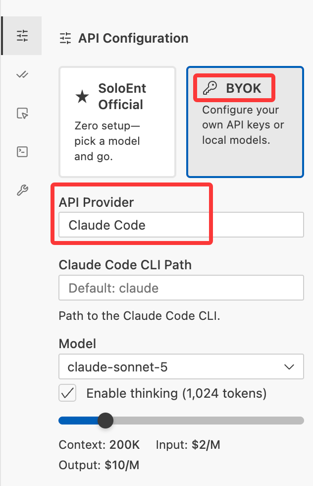BYOK 下选择 Claude Code，显示 CLI 路径与模型选择
